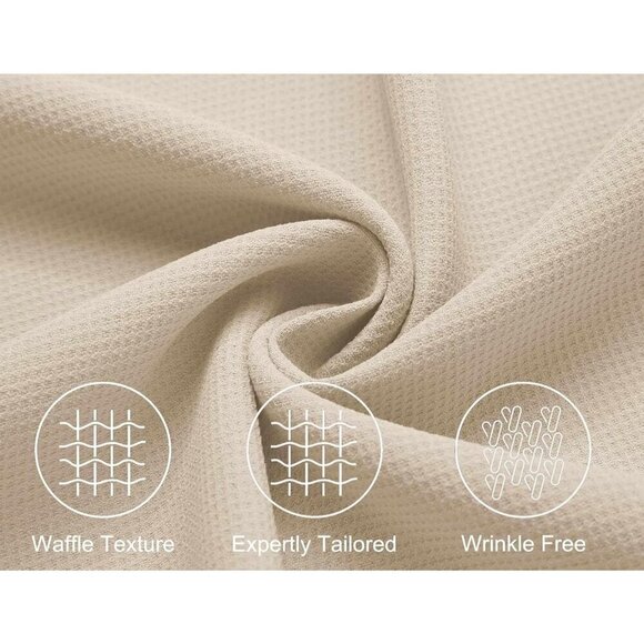 Men Beige Waffle Shirt Short Sleeve Button Down Beach Texture Wrinkle Free Shirt - Picture 5 of 6